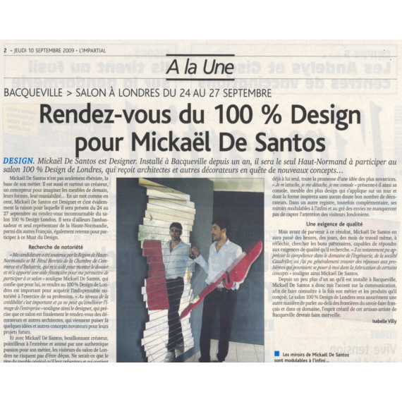 Le journal impartial ecrit un article sur le designer de bacqueville en haute normandie qui va exposer au 100% de Londres, chaise design, table design, lustre, fauteuils, canap design desantos.com,impartial